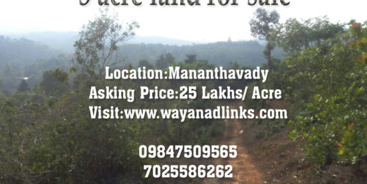 3 Acre Land for Sale for 25 Lakhs INR per Acre at Mananthavady, Wayanad